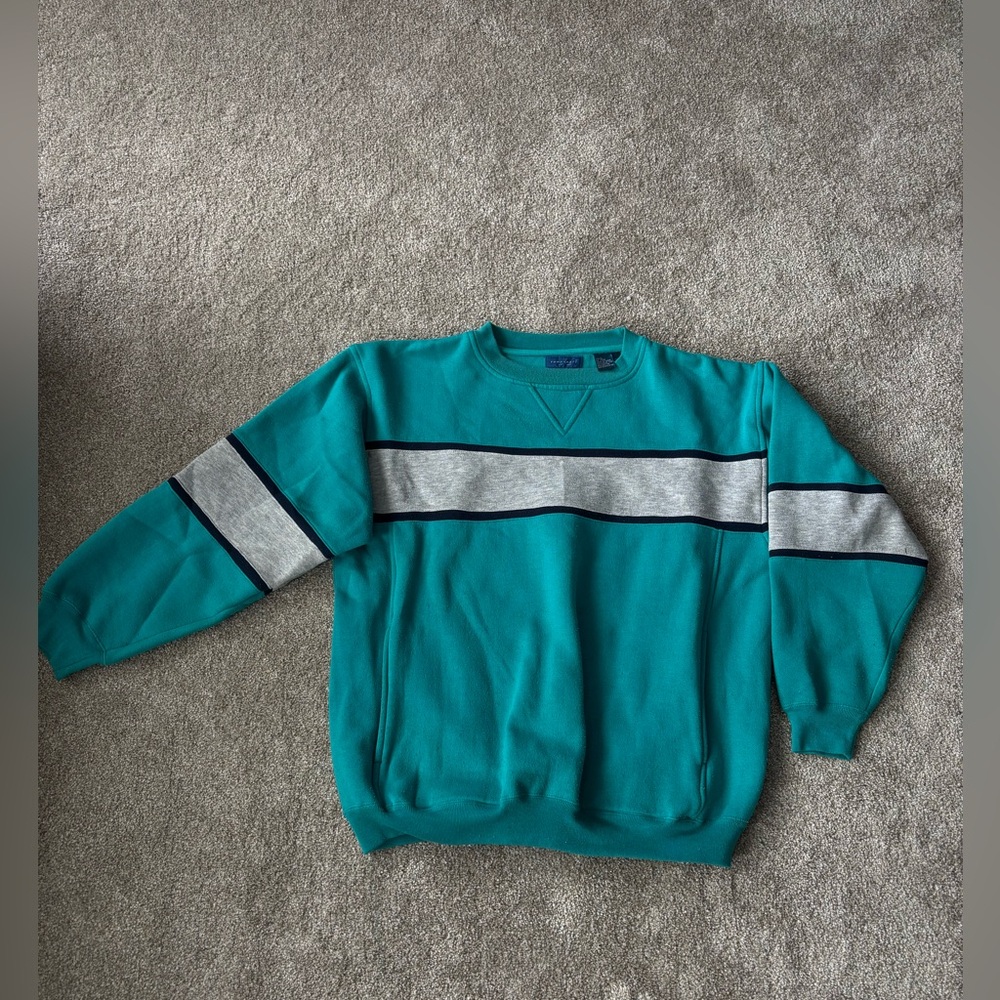 Towncraft Teal Crewneck Sweater with Gray and Black Stripes